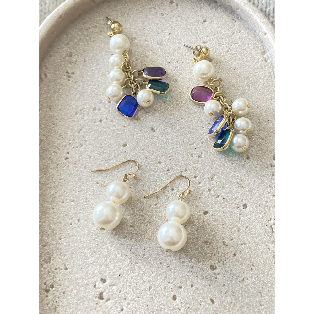 Faux Pearl Earrings Set Of 2 Pair Beaded Charm Dangle Drop Colorful Gold Tones